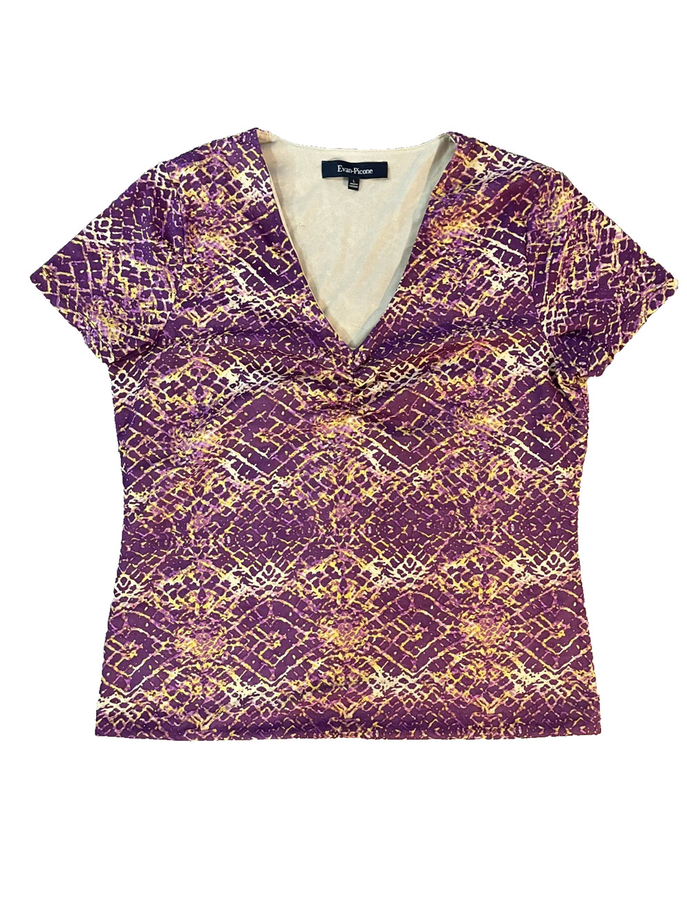 Women's Evan Picone Size Large V Neck Colorful Purple Yellow Short Sleeve Blouse